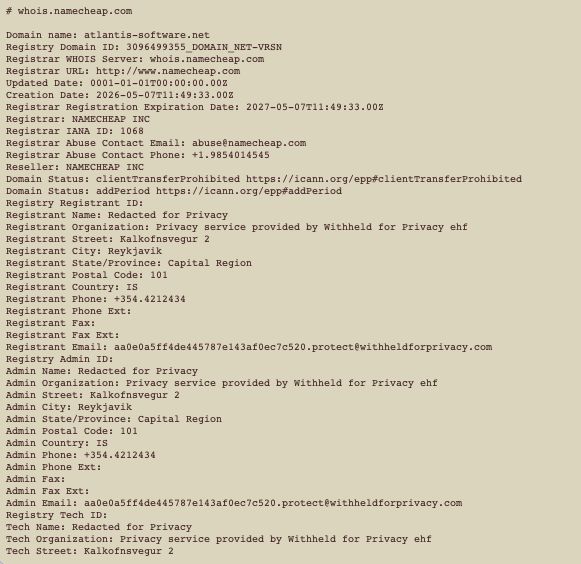 WHOIS capture of atlantis-software.net (Namecheap, created 2026-05-07)