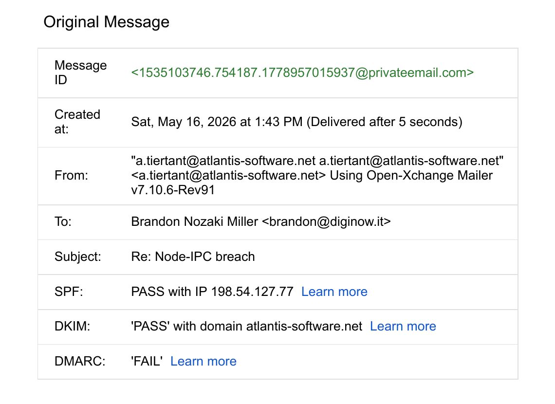 Final-reply message header: SPF PASS, DKIM PASS, DMARC FAIL