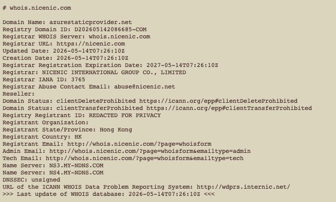 WHOIS capture of azurestaticprovider.net (created 2026-05-14)