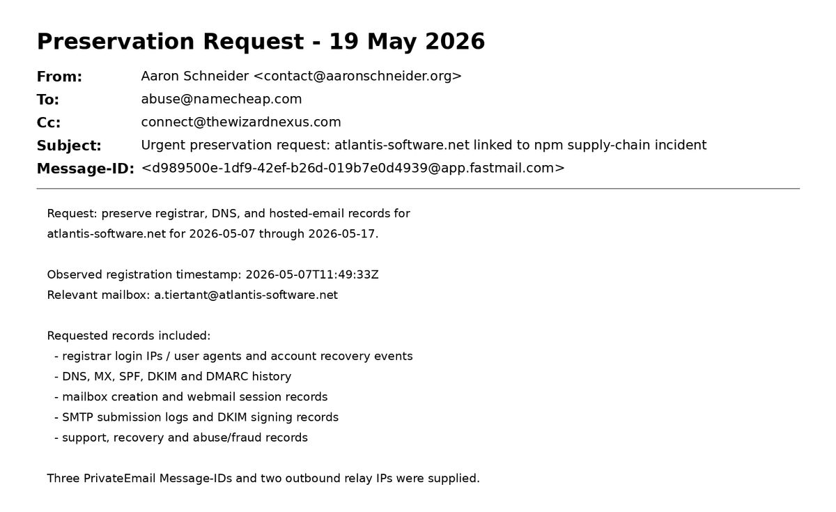 Preservation request to Namecheap for atlantis-software.net (2026-05-19)